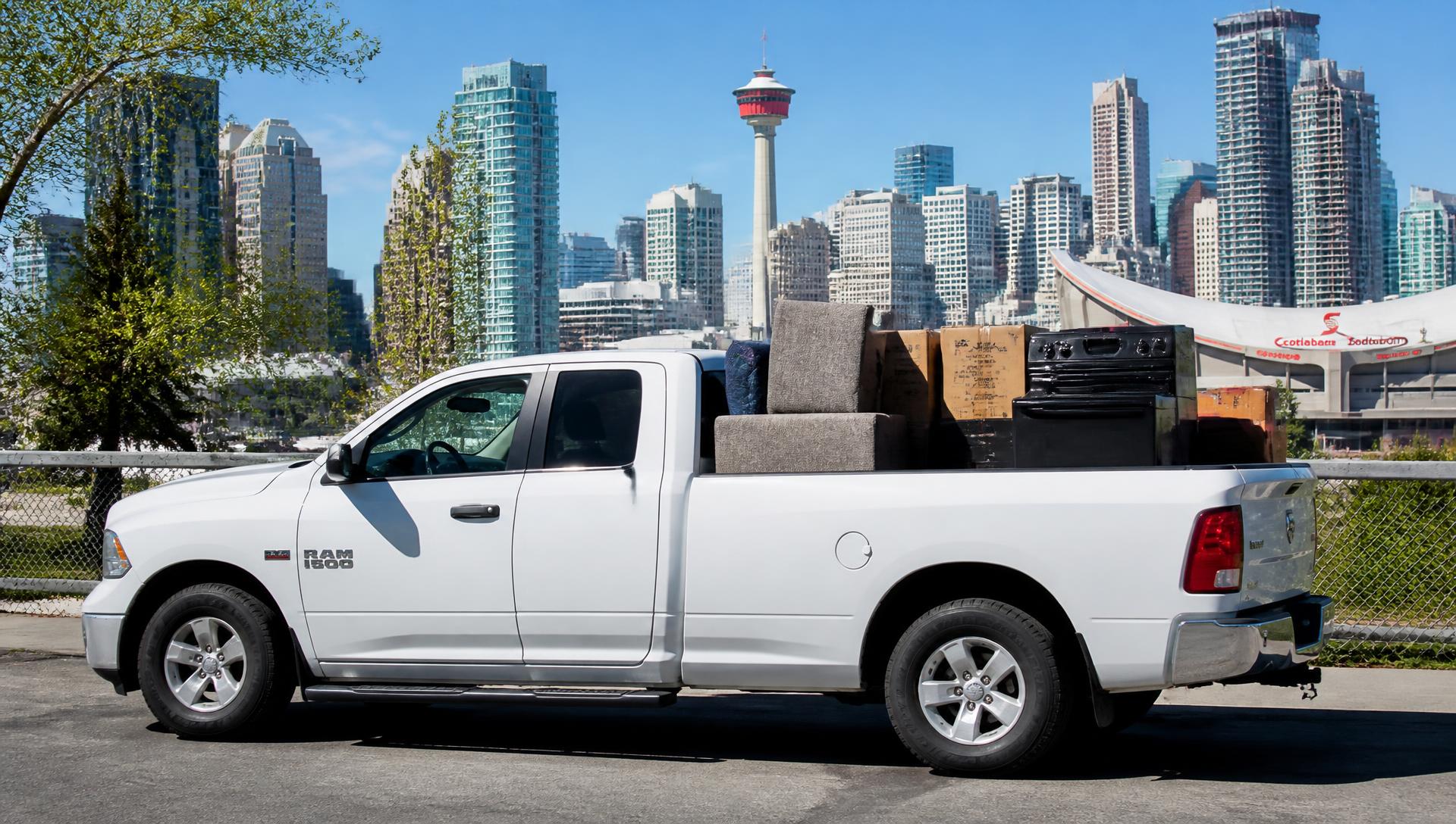 MC-Clean Ltd. pickup truck loaded with furniture and boxes in front of the Calgary skyline